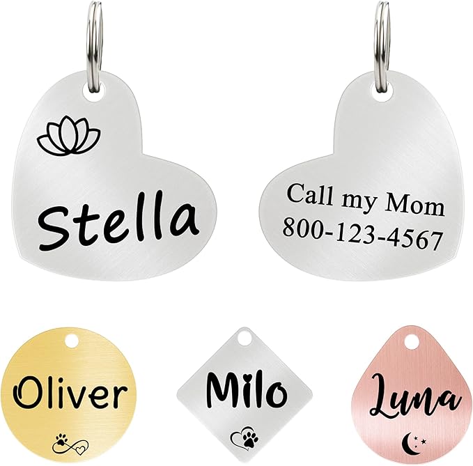 Ultra Joys Cat ID Tag Personalized Pet Tags, Durable Stainless Steel Small Pet Mini Dog Cat Tag Lightweight -Heart Tag in Silver