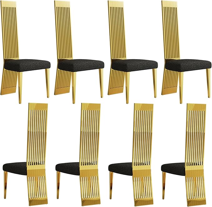 Luxury Black and Gold Dining Chairs, Upholstered Dining Room Chairs with Polished Metal Legs and Backrest, Set of 8