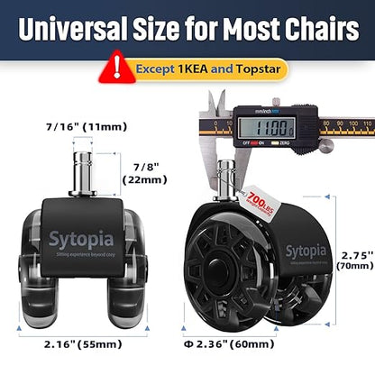 Sytopia Office Chair Wheels Replacement, 2.5 Inch Heavy Duty Caster Set, for Carpet and Hardwood Floors, Universal Size 11x22mm, Fits 99%, Black