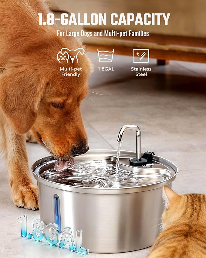 Dog Water Fountain Stainless Steel, 7L/1.8Gal Pet Fountain Water Bowl with Multi-Filtration & Deeper Drinking Aera, Large cat Water Fountain with Water Window & LED, Ultra-Quiet
