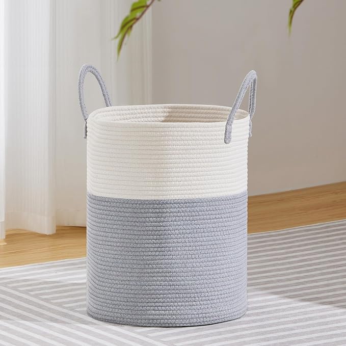 VIPOSCO Large Laundry Hamper, Tall Woven Rope Storage Basket for Blanket, Toys, Dirty Clothes in Living Room, Bathroom, Bedroom - 53L Grey & White