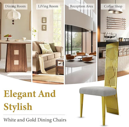 Modern Dining Chairs Set of 8, White Sponge Dining Room Chairs with Polished Gold Stainless Steel Legs, Upholstered Chairs with High Back and Metal Legs for Living Room/Kitchen/Restaurant