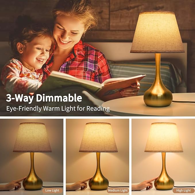 ONEWISH Touch Table Lamp Set of 2, Farmhouse 3-Way Dimmable Bedside Lamps for Nightstand with Fabric Shade, Desk Lamp for Reading, Bedroom, Livingroom, Office