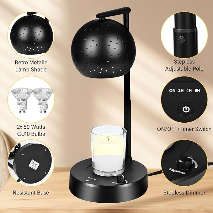 Candle Warmer Lamp with Timer, Candle Warmer Lamp Adjustable Height with 2 Bulbs, Dimmable Electric Candle Warming Lamp for Scented Jar Candles, Home Decor, Black