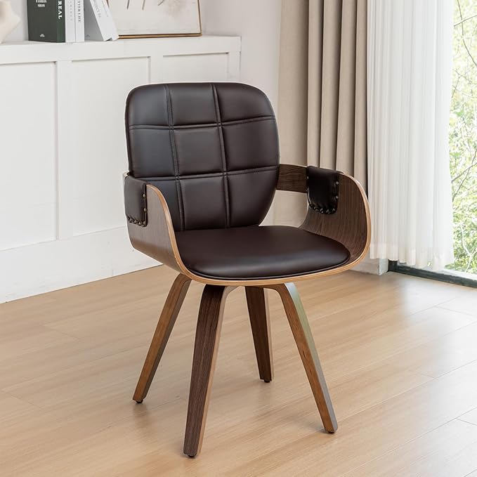 Set of 1 Mid Century Modern Chair - Swivel Dining Chair with Arms and Curved Back, Faux Leather Reception Room Chairs, Ideal for Kitchen/Living Room/Reception/Desk (Coffee Brown)