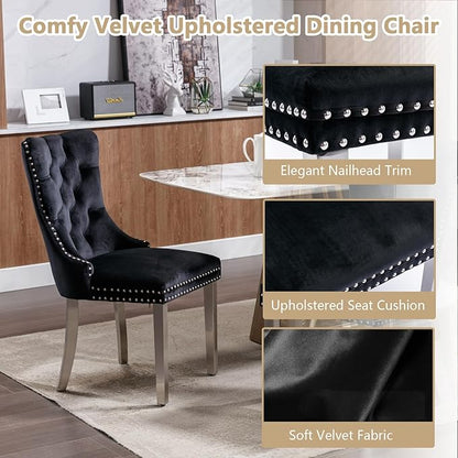 Goujxcy 5-Piece Dining Table Set Modern Faux Marble Dining Table Set for 4, Luxury 68" Long Faux Marble Kitchen Table with 4 Velvet Upholstered Chairs, Mirrored Stainless Steel Base