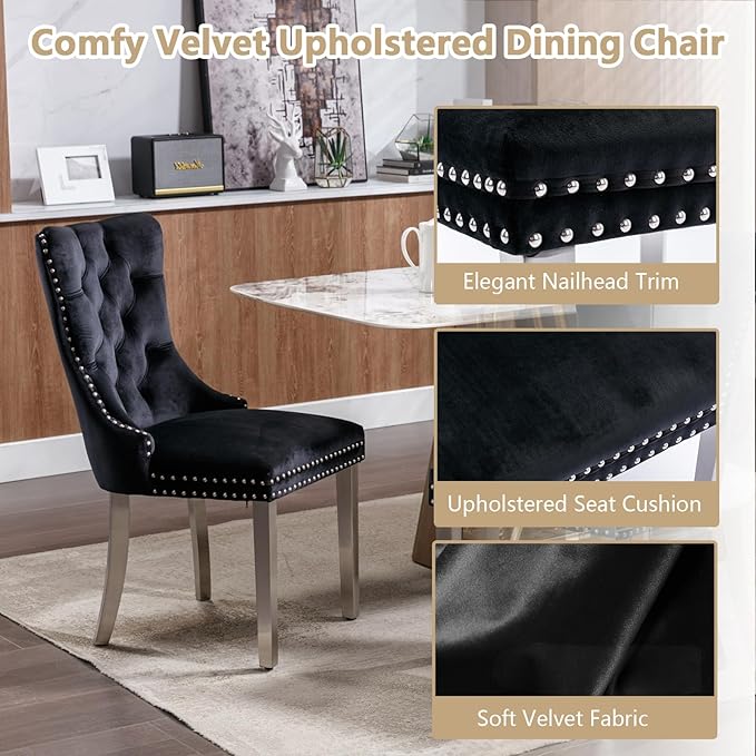 Goujxcy Modern 5 Piece Glass Dining Table Set Luxury Glass Kitchen Table and Chair Set for 4, 70" Large Rectangular Dining Room Table with 4 Tufted Chairs and Stainless Steel Legs (Silver & Black)