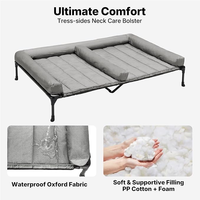 Veehoo Elevated Dog Bed for 2 Dogs, Cooling Raised Dog Bed with Bolster Mat | Outdoor Double Dog Bed with Removable Waterproof Cushion, Breathable Mesh, Non-Slip Feet for Outdoor & Indoor, 49", Grey