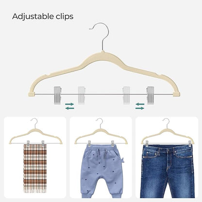 SONGMICS 30-Pack Pants Hangers, 16.7-Inch Long Velvet Hangers with Adjustable Clips, Heavy-Duty, Non-Slip Skirt Hangers, Space-Saving for Pants, Skirts, Coats, Dresses, Sandy Beige UCRF012M30