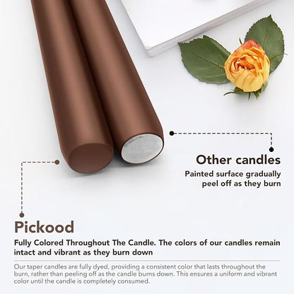 New Burning Formula Unscented Dripless 12-Inch Taper Candles Set of 12 - Cocoa Brown, for Wedding, Dinner - Smokeless, Long Burning - Hand Poured, Colored Tall Candlesticks - Marrón Cacao