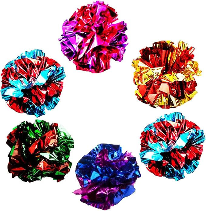 SunGrow Cat Crinkle Balls, Shiny, Mylar Crinkler, Stress-Relief Toy for Kittens, Interactive & Engaging, Keeps Grown-up Cats Active, Encourages Multi-cat Play, Provides Endless Entertainment, 6 Pcs