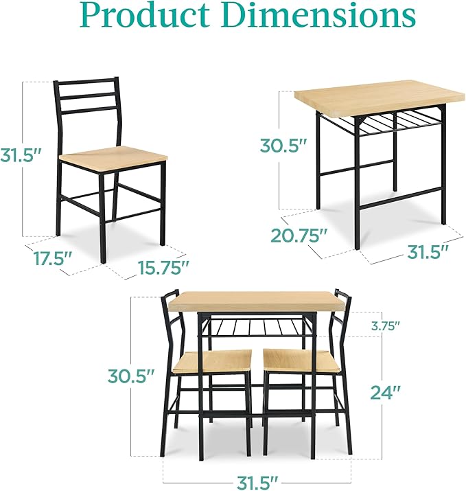 Best Choice Products 3-Piece Modern Dining Set, Space Saving Dinette for Kitchen, Dining Room, Small Space w/Steel Frame, Built-in Storage Rack - Natural/Black