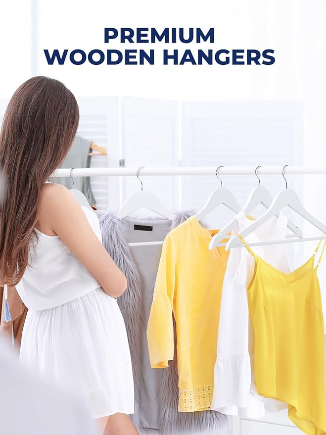 Smartor White Wooden Hangers 20 Pack, Solid Wood Coat Hanger for Closet, Heavy Duty Wood Hangers for Suits, Shirts, Dresses, with 360° Rose Gold Hook, Non Slip Pant Bar