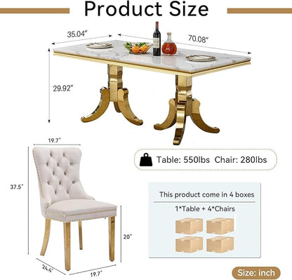 Goujxcy Faux Marble Dining Table Set for 4, Modern 5-Piece Dining Table Set with 4 Velvet Upholstered Chairs, 70" Large Long Faux Marble Kitchen Dining Room Table and Chairs with Stainless Steel Legs