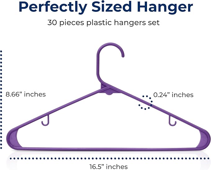 SereneLife 30 Pack Plastic Clothes Hangers – Ultra Lightweight Slim Non Slip Heavy Duty Closet Hanger Set for Coats Shirts Dresses Pants Durable Space Saving Wardrobe Organization (Purple)