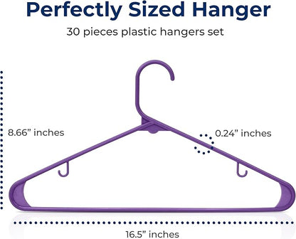 SereneLife 30 Pack Plastic Clothes Hangers – Ultra Lightweight Slim Non Slip Heavy Duty Closet Hanger Set for Coats Shirts Dresses Pants Durable Space Saving Wardrobe Organization (Purple)