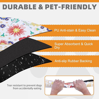 KOOLTAIL Dog Food Mat, 2 Pack Absorbent Pet Feeding Mat for Food and Water Bowls, Placement Pad for Floors with Waterproof Rubber Backing, Quick Dry Water Dispenser Mat for Dogs Cats, Flower, 12"x20"