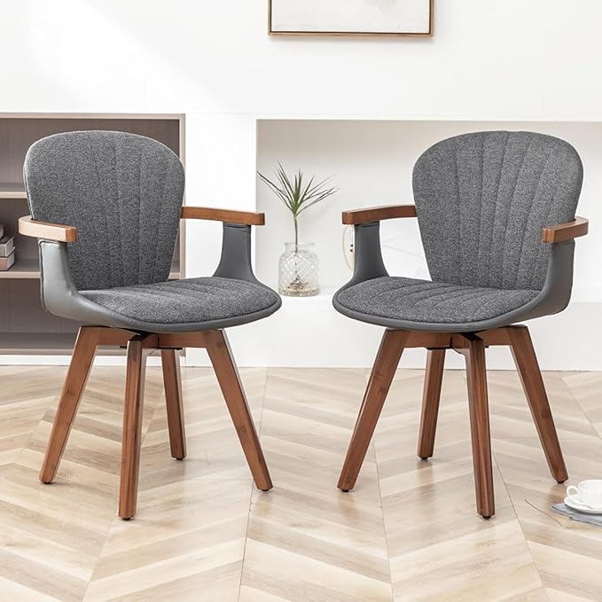 LUNLING Swivel Dining Chairs Set of 4, Mid Century Modern Gray Fabric+Faux Leather Kitchen Chairs with Arms,Bamboo Legs Side Chairs No Wheels,Accent Chair for Dining Rooms and Offices(Gray Fabric)
