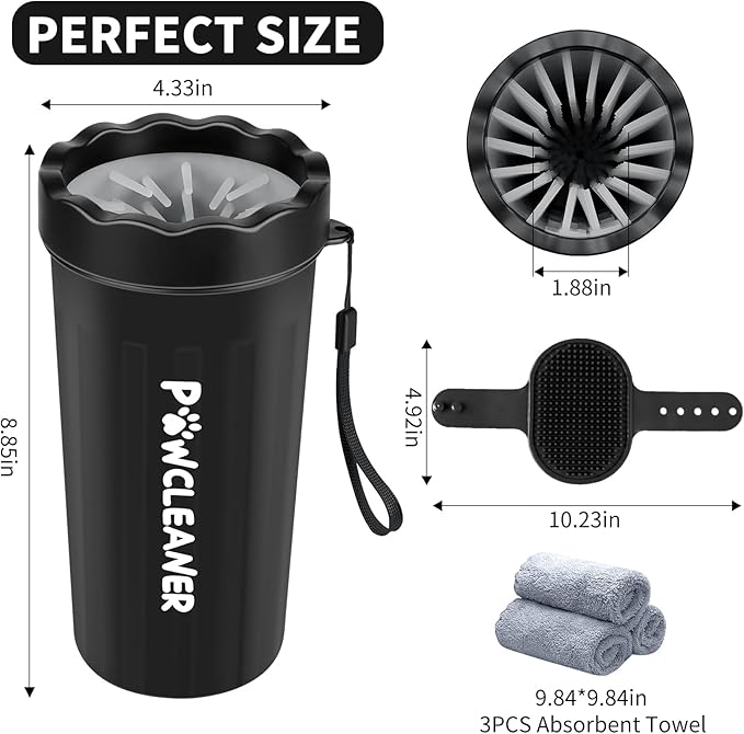 Professional 7 in 1 Dog Paw Cleaner for Dogs & Cats - Includes 1 Portable Paw Washer, 1 Bath Brush, 2 Dog Toothbrushes and 3 Absorbent Towels Note: Fits Paws 2.5 to 3.5 Inches Wide (Large, Black)