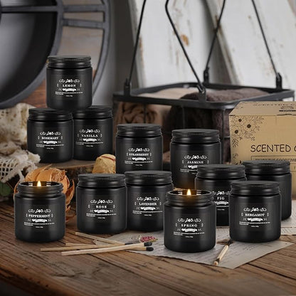 Scented Candle Set 12 Pack,Black, Candle for Home Scented, Odor Eliminating, Stress Relief, Long Lasting Soy Wax Gift Set