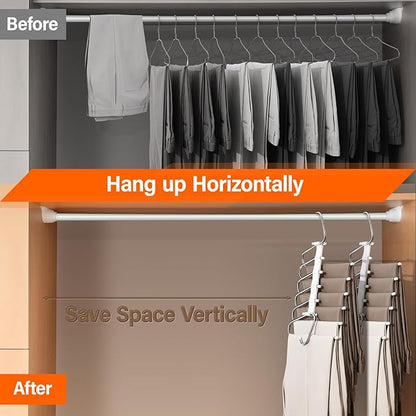 Upgraded Collapsible Pants Hangers Space Saving, 6 Layers Clothes Rack, Stainless Steel Multifunctional Closet Organizer, Non Slip Metal Hangers for Pants Jeans Skirts Trousers (1 Pack)