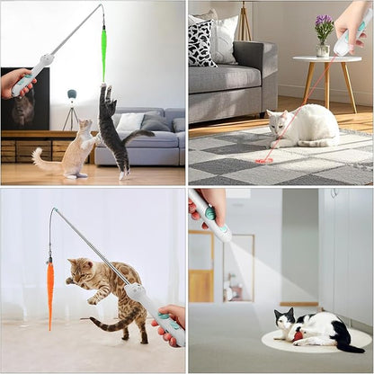 TBTeek Cat Toy, 2in1 Light and Retractable Pole with Feather, Rechargeable, Long Range 5 Modes, Interactive Toy for Indoor Cat Kitten Dog