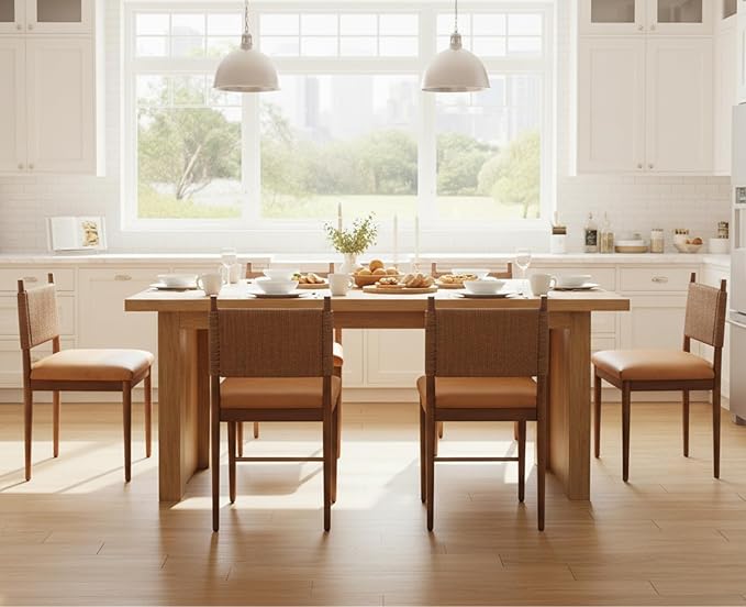 CIMOTA Brown Faux Leather Dining Chairs Set of 6, Mid Century Modern Upholstered Dining Room Chairs with Woven Back, Armless Kitchen Chairs with Walnut Solid Wood Legs, PU