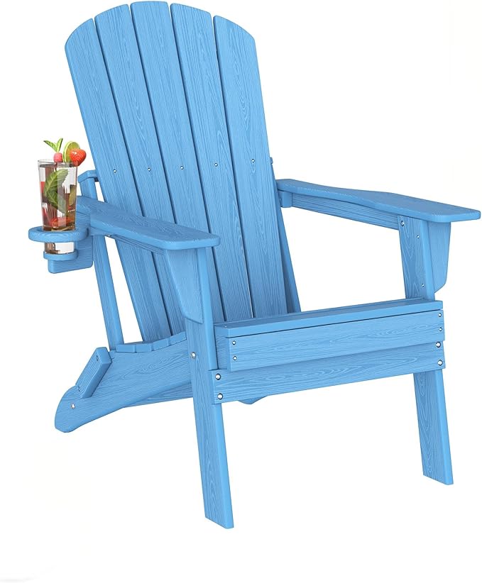 Plawdlik Folding Adirondack Chair Set of 2 with Cup Holder,Heavy All-Weather,Wooden Textured,HDPE Outdoor Chairs, Patio Backyard Fire Pit, Light Blue