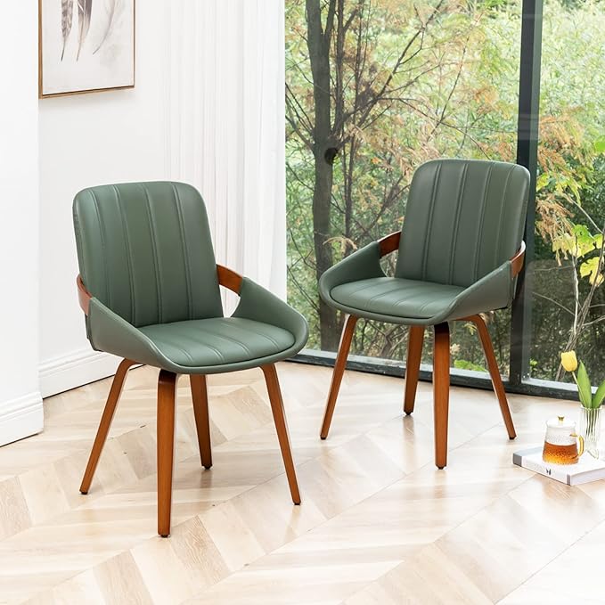 Mid Century Modern Faux Leather Upholstered Dining Chairs Set of 2,Armless Accent Chairs with Sturdy Natural Wood Legs,Bamboo Backrest Support for Kitchen&Dining Room Chairs(Green PU)