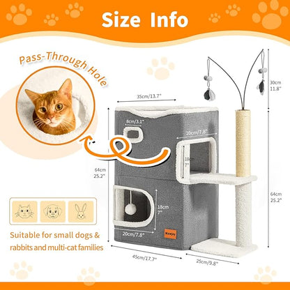 Cat Bed Cave for Indoor Cats with Scratch Pad Cat House Condo Adults with Fluffy Ball Cats Hideaway Large 2-Storey Cube Beds for Pets Grey