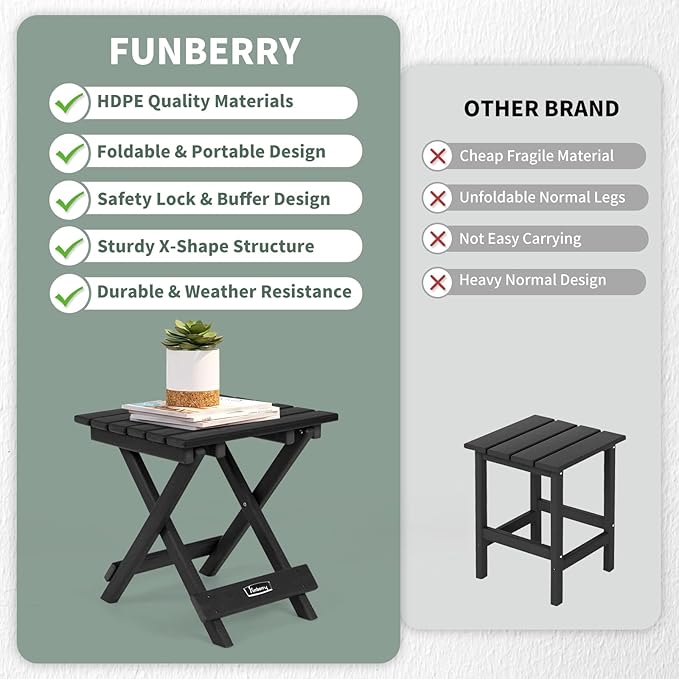 FUNBERRY Outdoor Folding Adirondack Side Table, Portable No Assembly Patio End Table HDPE All Weather