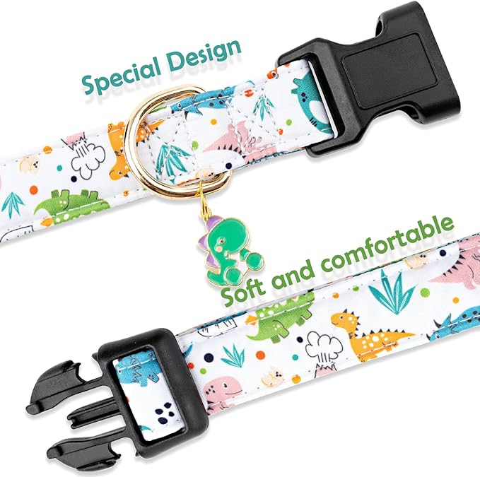Faygarsle White Dinosaurs Print Cotton Dog Collar for Small, Medium, Large Boys Girls Dogs L