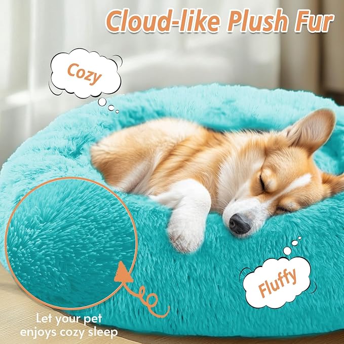 JOLLYVOGUE Calming Dog Bed for Small Dogs - 23 inches Donut Washable Small Dog Bed for Kittens & Puppies, Anti-Slip Round Fluffy Plush Faux Fur Cat Beds (Fits up to 25 lbs Pets, Aqua Blue)