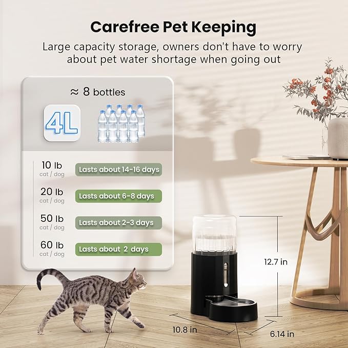 CZPET Automatic 4L Filter Dog and Cat Water Dispenser with Stainless Steel Bowl Gravity Waterer,Large Capacity and Drinking Area Noise-Free for Pets (Black)
