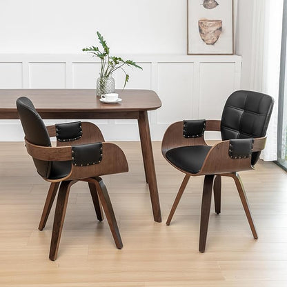 Set of 2 Mid Century Modern Chairs - Swivel Dining Chairs with Arms and Curved Back, Faux Leather Reception Room Chairs, Ideal for Kitchen/Living Room/Reception/Desk (Walnut Black)