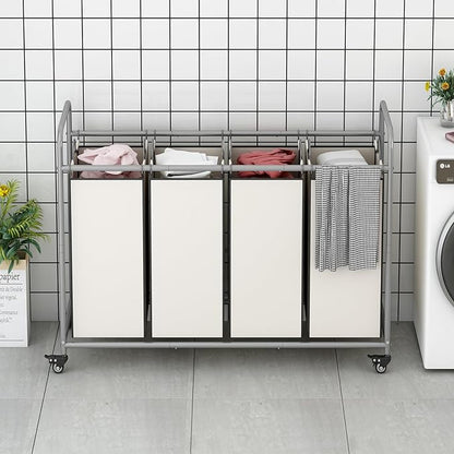 Laundry Sorter 4 Section Hamper Sorter with Heavy Duty Lockable Rolling Wheels Removable Bags Basket Separator for Dirty Clothes Storage, Beige