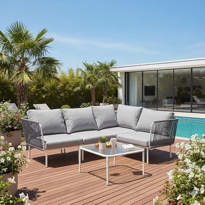 East Oak 5-Piece Outdoor Sectional Sofa, Modular Outdoor Furniture with Waterproof Thick Cushions, Modern Patio Sofa Deep Seating for Outdoor Garden Porch Blackyard, Misty Grey
