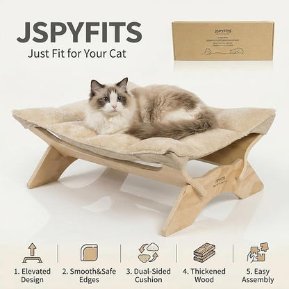 JSPYFITS Elevated Cat Bed Hammock, Raised Cat Bed with Dual-Sided Plush & Linen Cushion, Machine Washable & Breathable Cover Tool Free Easy Assembly, up to 66Lbs (Beige)