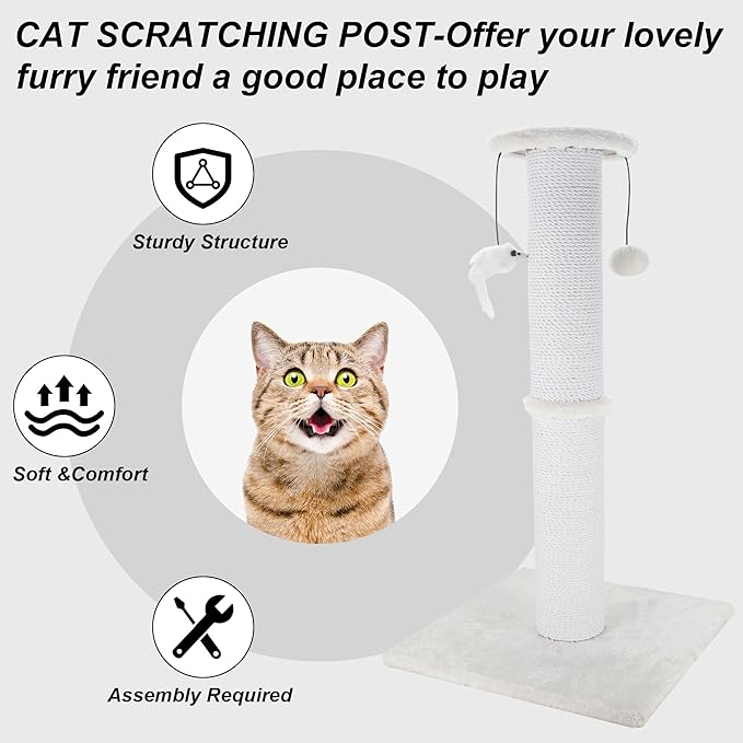Cat Scratching Post 34 Inches Heavy Duty and Thicker Cat Scratching Post Sisal Rope with Hanging Ball and Mice Scratching Post for Indoor Cats and Adult(White)