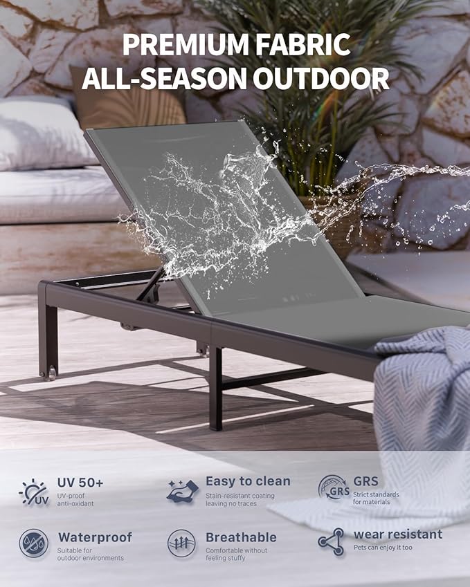 Aluminum Lounge Chairs Outdoor Chaise Furniture,2 Sets Patio Metal Deck Lounger Adjustable 5-Position Poolside Chase Recliner with Wheels for Beach,Coffee Table, (Gray, 2 Chairs)