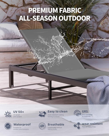 Aluminum Lounge Chairs Outdoor Chaise Furniture,2 Sets Patio Metal Deck Lounger Adjustable 5-Position Poolside Chase Recliner with Wheels for Beach,Coffee Table, (Gray, 2 Chairs)