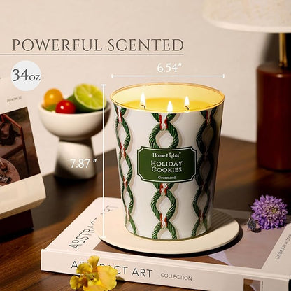 HomeLights Holiday Cookies Scented Candles | 34oz Soy Candles Rustic Modern 3-Wick Large Candle Jars | Ideal Candle Gifts for Events, Home Decor Stress, Relief & Relaxation