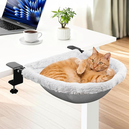 X-Large Cat Desk Bed – 19"x15" Spacious Nest, Dual Clamps & Sunken Hammock Design, Comfy Cat Desk Hammock with Faux Rabbit Fur Cover, Removable & Washable, Holds Up to 40lbs