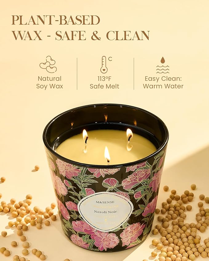 M&SENSE Neroli Noir Scented Candle, 28.2oz 3 Wick Natural Soy Wax Large Candles, Long Lasting Clean Slow Burning No Toxic Décor for Home Relaxation, Romantic Dates & Gift-Giving