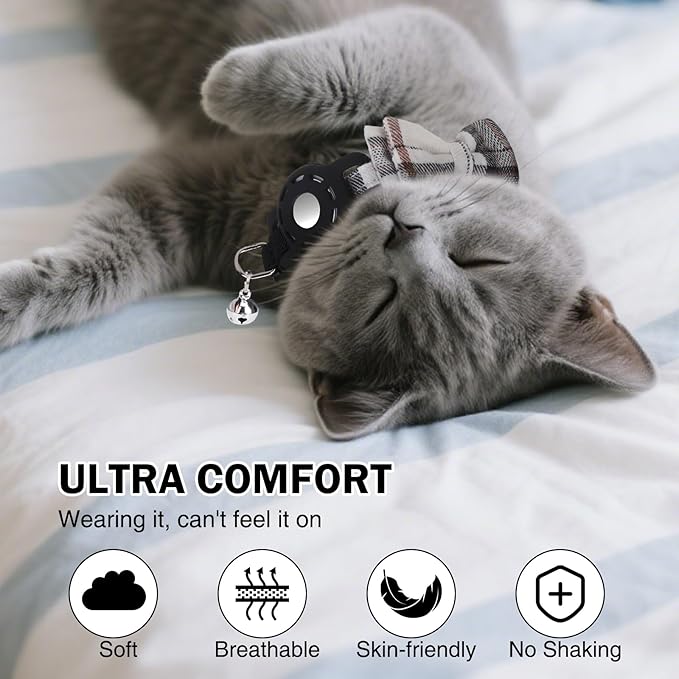 Airtag Cat Collar with Bells and Bowtie -Safety Elastic Band Kitten Collar for Apple Air Tag Holder- Cute GPS Cat Tracker Collars for Girl Boy Cats and Puppies, Adjustable 8"-12" Beige