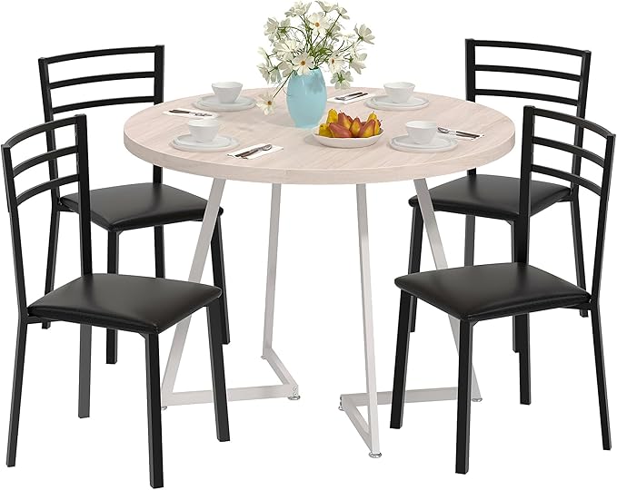 VECELO 35” Round Dining Table Set with 4 Cushioned Padded Chairs for Kitchen, Breakfast Nook, or Living Room, Wood-Grain Tabletop & Heavy-Duty Steel Frame, Easy Assembly, Natural Wood