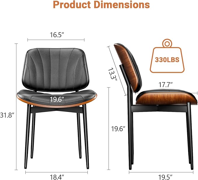 Dining Chairs Set of 2, Dining Room and Kitchen Chairs, FSC Certified Mid Century Modern Accent Chair, Upholstered PU Leather Chairs for Vanity with Walnut Bentwood and Metal Legs, Black