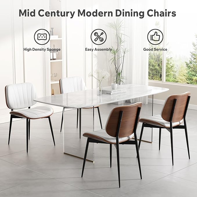 Dining Chair, Mid Century Modern Dining Room Chairs, Upholstered Faux Leather Kitchen Chairs with Walnut Bentwood Back and Metal Legs for Kitchen Dining Room Living Room, White