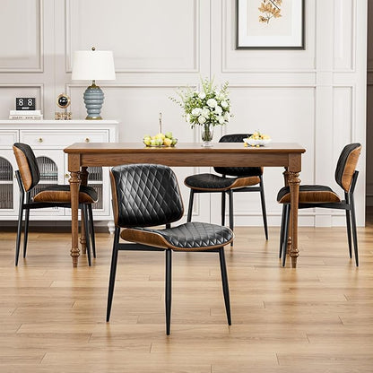 Dining Chairs Set of 2, FSC Certified Mid Century Modern Accent Dining Room and Kitchen Chairs, Upholstered PU Leather Diamond Check Chairs with Walnut Bentwood and Metal Legs, Black