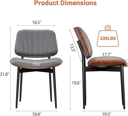 Dining Chairs Set of 2, Dining Room and Kitchen Chairs, Mid Century Modern Accent Chair, Upholstered PU Leather Chairs for Vanity with Walnut Bentwood and Metal Legs, Gray